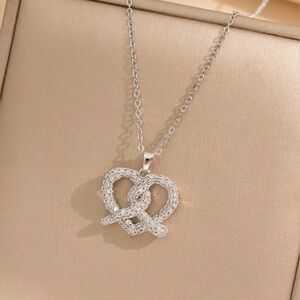 18K White Gold (Rhodium) Pretzel Bread Knot Necklace W/ Pave Diamond (No Fade)